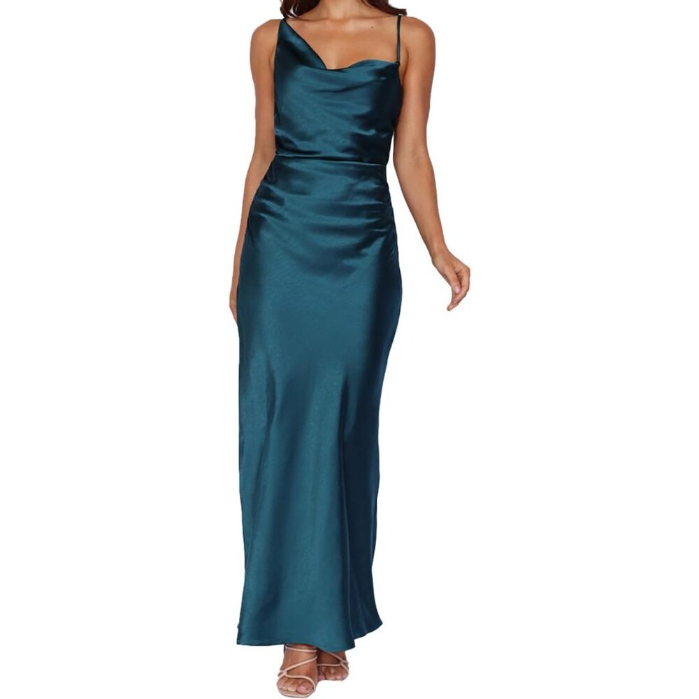 Summer Satin Maxi Dress Women 2025 Cowl Neck Ruched Formal Wedding Slip